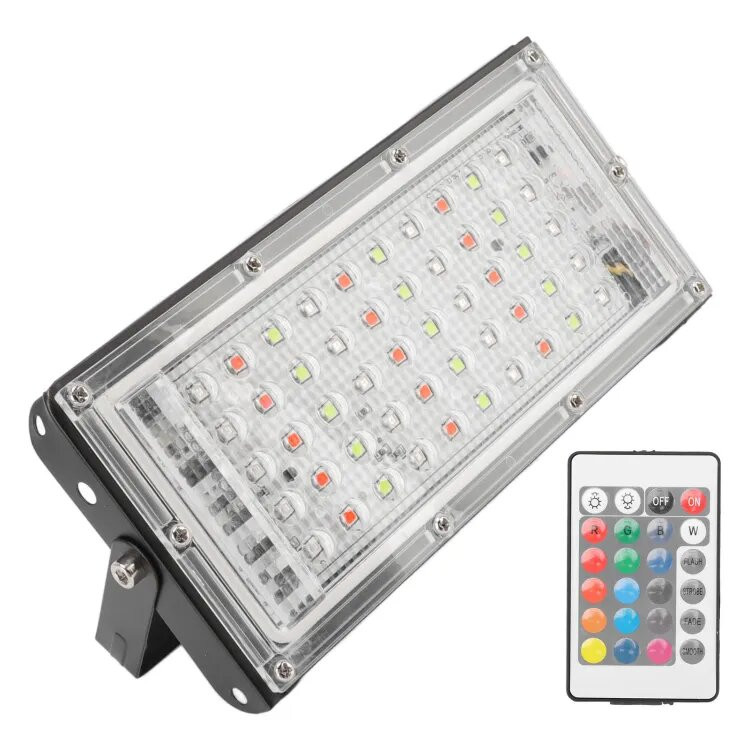 RGB LED Flood Light- Remote Controlled IP66 Waterproof Landscape & Outdoor Lighting (50W, AC220V) – Black Color