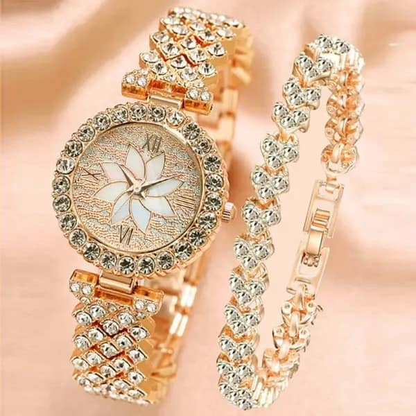 Fashion Diamond Petal Quartz Watch and Bracelet 2pcs Set for Women Girl Casual Watches