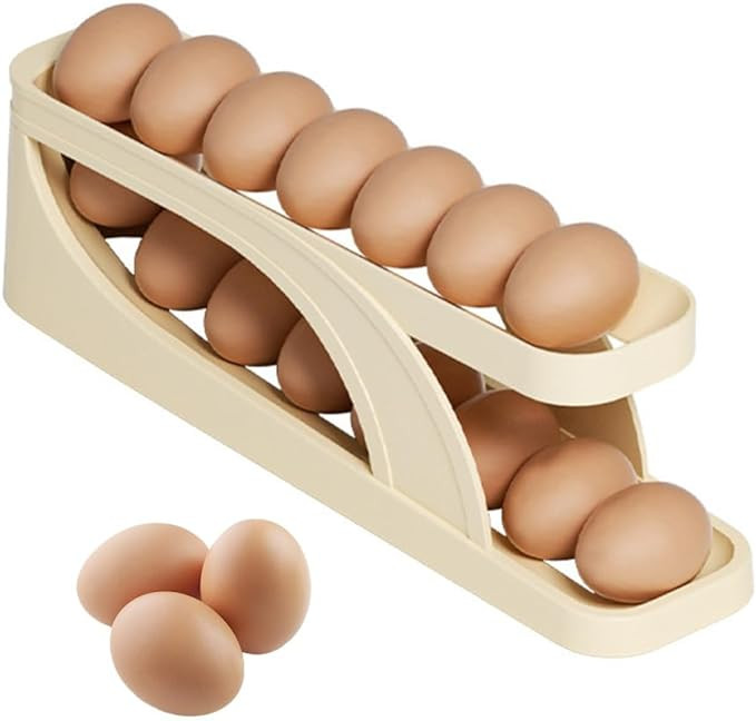 New Automatic Rolling-Down Double-Layer Egg Dispenser, Space-Saving Egg Holder Dispenser for Refrigerator, Egg Container for Kitchen Egg Organizer Fridge Holds 15 Eggs (1-Pack)