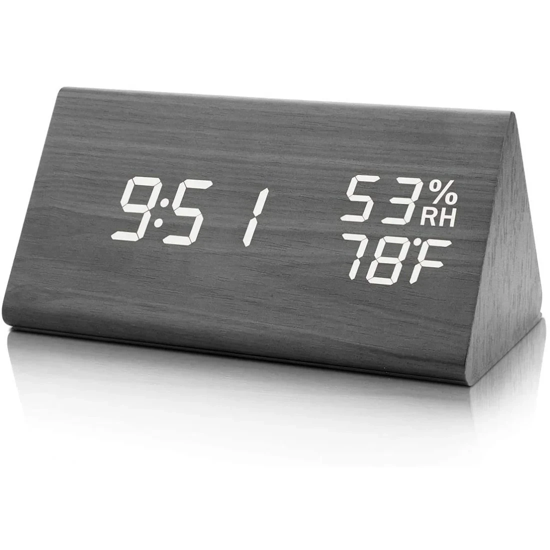 Wooden digital electronic alarm clock triangle wooden clock creative voice control LED can display temperature and humidity